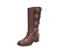 Femme Bottes-Mollet Gothiques À Boucle De Ceinture Talon Bas Rétro Bottes De Cowboy en Similicuir Antidérapant Style Britannique Automne Hiver Tendance Elegant Boots (Brown, 37)