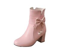 Femme Bottines à Nœud Perles Bout Rond Talon Haut Vintage Bottes Courtes en Cuir Elegant Chic Légères Tendance Britannique Boots Automne Et Hiver 40 Rose
