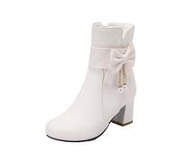 Femme Bottines à Nœud Perles Bout Rond Talon Haut Vintage Bottes Courtes en Cuir Elegant Chic Légères Tendance Britannique Boots Automne Et Hiver 36 Blanc