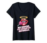 Femme Bouche C'est Contraception Naturelle - Humour Français Rétro T-Shirt avec Col en V