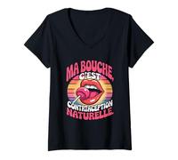 Femme Bouche C'est Une Contraception Naturelle - Humour Français Rétro T-Shirt avec Col en V