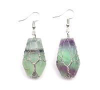 Femme Boucles D'Oreilles, Boucles D'Oreilles Pendantes En Fluorite Verte Naturelle Avec Enroulement De Fil En Forme D'Arbre De Vie En Forme De Bouclier Pendentif Dangle Crochet Boucles D'Oreilles Cr
