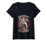 Femme Bouclier Viking Woman Maiden Courage Hugrekki Old Norse Wolf T-Shirt avec Col en V