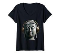Femme Bouddha avec Écouteurs Pleine Conscience Musique Boho Zen T-Shirt avec Col en V