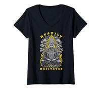 Femme Bouddha de Yoga Fortement médité Champignons Magiques psychédéliques T-Shirt avec Col en V