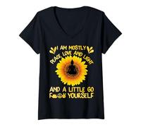 Femme Bouddha de Yoga I Am Mostly Peace Love and Light Tournesol T-Shirt avec Col en V