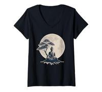 Femme Bouddha méditer devant une lune 1 - Fan Fun T-Shirt avec Col en V