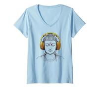 Femme Bouddha Portant des écouteurs Gym Yoga Méditation Relaxation Hommes Maman T-Shirt avec Col en V