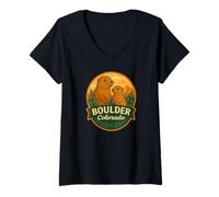 Femme Boulder Colorado Badge Motif Chien de Prairie Maman et Chiot T-Shirt avec Col en V
