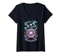 Femme Boule de Cristal et Mains mystiques Divination et Discours de Bonne Aventure T-Shirt avec Col en V