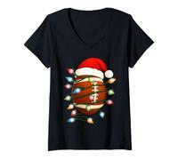 Femme Boule de Football de Noël avec lumières de Noël, Chapeau de Père Noël, Hommes, garçons, Enfants T-Shirt avec Col en V
