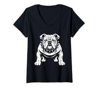 Femme Bouledogue Dur Noir et Blanc Vector Dog Face Portrait Art T-Shirt avec Col en V