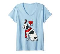 Femme Bouledogue français Chien de Noël Papa Maman Chapeau de Père T-Shirt avec Col en V