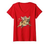 Femme Bouledogue français Cupidon Amoureux des Chiens Saint-Valentin T-Shirt avec Col en V
