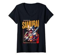 Femme Bouledogue français Kawaii Guerrier samouraï Ombre du Chien samouraï T-Shirt avec Col en V