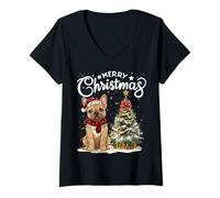 Femme Bouledogue français Merry Christmas Chapeau de Père Noël Arbre Lumières T-Shirt avec Col en V