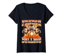 Femme Bouledogue français style années 90 Frenchie Flames T-Shirt avec Col en V