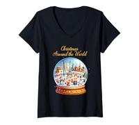Femme Boules de Neige de Noël Vintage Autour du Monde T-Shirt avec Col en V