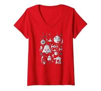 Femme Boules de Sapin de Noël Empire Star Wars T-Shirt avec Col en V, Rouge, XL