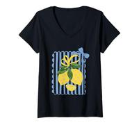 Femme Bouquet de citron avec rayures et fleurs T-Shirt avec Col en V