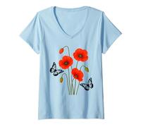 Femme Bouquet de Coquelicots Rouges avec Papillons en Forme de Manie T-Shirt avec Col en V