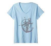 Femme Boussole de Voile Rose des Vents Ancre T-Shirt avec Col en V