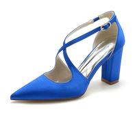 Femme Bout Fermé Talon Haut Bloc Escarpins Traverser La Cheville Satin Chaussures De Mariée De Mariage,Bleu,40 EU