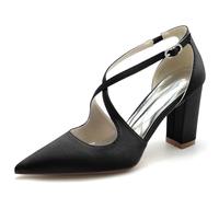 Femme Bout Fermé Talon Haut Bloc Escarpins Traverser La Cheville Satin Chaussures De Mariée De Mariage,Noir,39 EU
