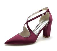 Femme Bout Fermé Talon Haut Bloc Escarpins Traverser La Cheville Satin Chaussures De Mariée De Mariage,Burgundy,37 EU