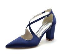 Femme Bout Fermé Talon Haut Bloc Escarpins Traverser La Cheville Satin Chaussures De Mariée De Mariage,Marine,42 EU