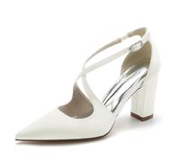 Femme Bout Fermé Talon Haut Bloc Escarpins Traverser La Cheville Satin Chaussures De Mariée De Mariage,Ivoire,39 EU