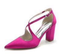 Femme Bout Fermé Talon Haut Bloc Escarpins Traverser La Cheville Satin Chaussures De Mariée De Mariage,Fuchsia,41 EU