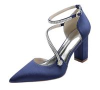 Femme Bout Pointu Block Talon Satin Chaussures De Mariée De Mariage Femme Escarpins Robe Fête Chaussure A Talon 8.5Cm,Dark Blue,37 EU
