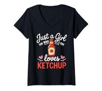 Femme Bouteille gourmande en Forme de cœur pour Amateurs de Ketchup T-Shirt avec Col en V