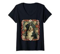 Femme Bouvier Bernois Vintage Suisse Floral T-Shirt avec Col en V