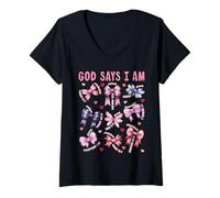 Femme Bow God Say I Am Christian Girl Teen Women Verse Bible Jésus T-Shirt avec Col en V