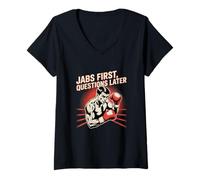 Femme Boxer drôle Memes Jabs Premières questions plus tard Boxe drôle T-Shirt avec Col en V