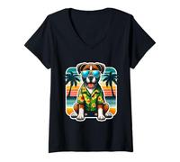 Femme Boxer propriétaire de chien Summer Vibes Vacation Tropical Holiday Retro T-Shirt avec Col en V