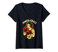 Femme Boxer Vintage féministe Traditionnel Tattoo Power & Grace T-Shirt avec Col en V