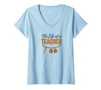 Femme Bracelet « The Life of a Teacher » avec Lettres Scintillantes T-Shirt avec Col en V