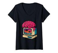 Femme Brain Melting sur Ordinateur rétro Sunset Palms T-Shirt avec Col en V