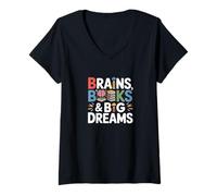 Femme Brains Books and Big Dreams Cool Rack to School Kids Student T-Shirt avec Col en V