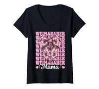 Femme Braque de Weimar Maman Chien Fête des Mères Coquette Noeud Rose T-Shirt avec Col en V