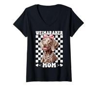 Femme Braque de Weimar Maman Chien Fête des Mères Coquette Noeud Rose T-Shirt avec Col en V
