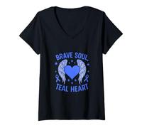 Femme Brave Soul - Sensibilisation au cœur Sarcelle T-Shirt avec Col en V