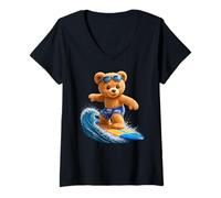 Femme Brave Teddy Bear Riding The Waves Planche de Surf Shapes Mania T-Shirt avec Col en V