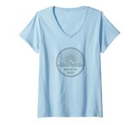 Femme Breathe Deep Meditative Line Art Sunrise Calm Citation T-Shirt avec Col en V