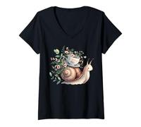 Femme Breloque Escargot fantaisiste avec Tasse à thé Florale T-Shirt avec Col en V