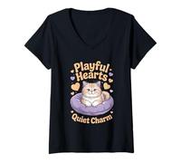 Femme Breloque silencieuse en forme de cœur pour amoureux des chats T-Shirt avec Col en V