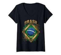 Femme Brésil 1889 Ordre et progrès Fierté du Drapeau du Brésil T-Shirt avec Col en V